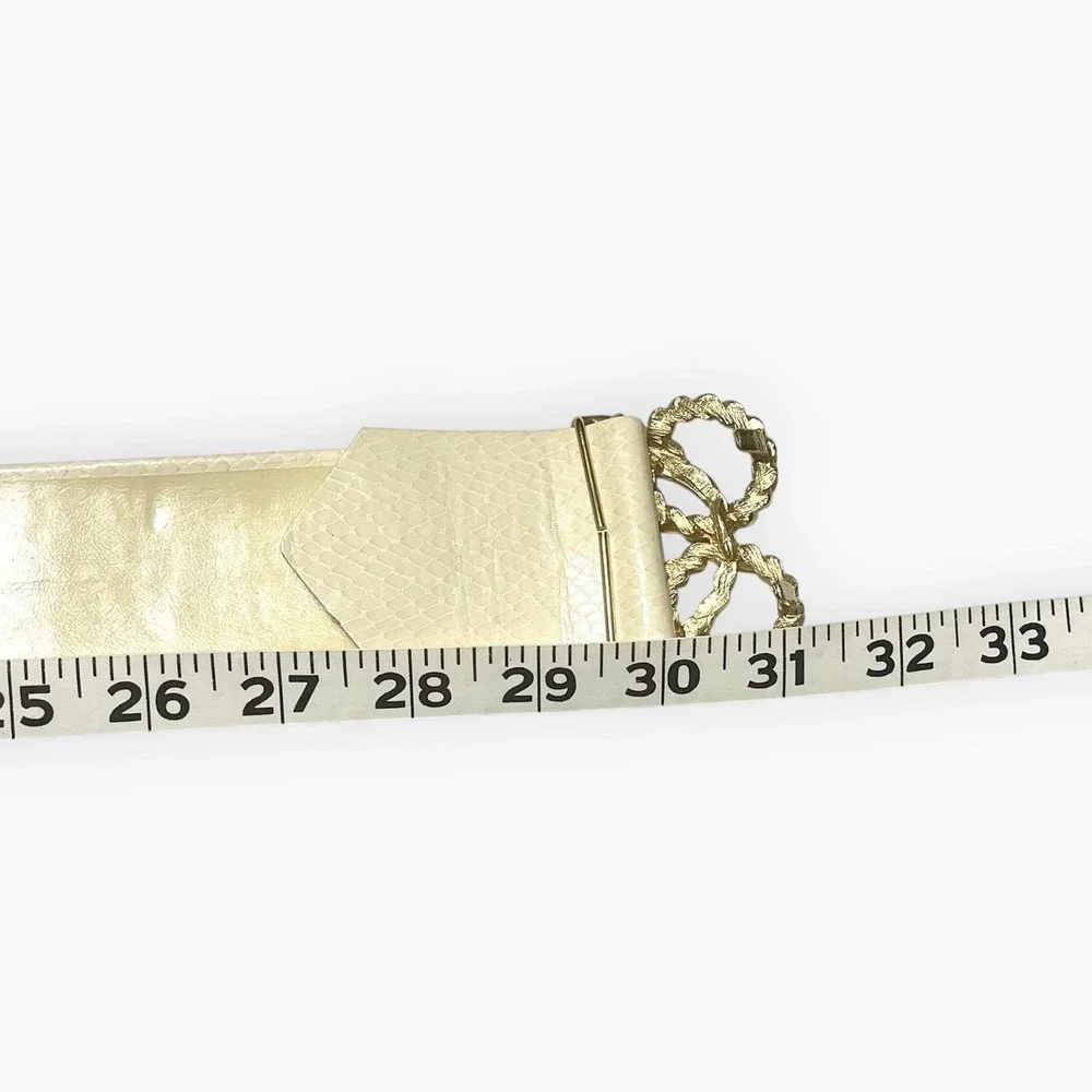 Vintage Belt Gold Knot Buckle Cream Faux Leather Adjustable 1970s 28-31